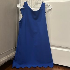Blue sleeveless dress. Zips in back. Petal-like design at bottom.